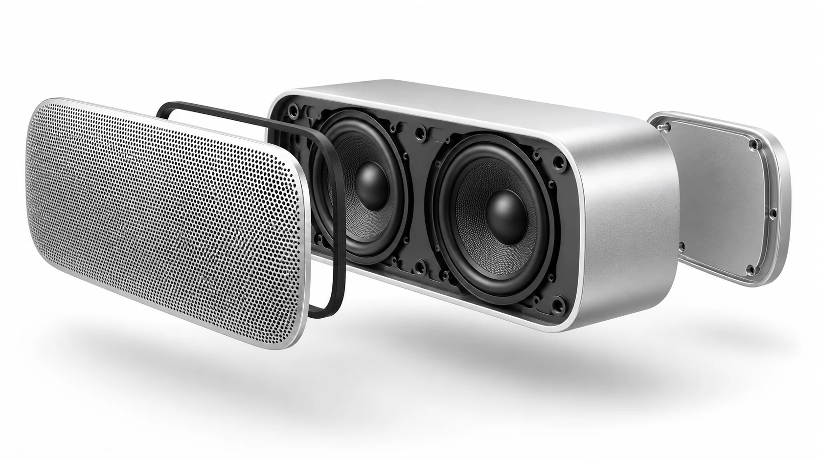 Silver speaker concept with its grille, acoustic drivers and housing presented in an exploded view
