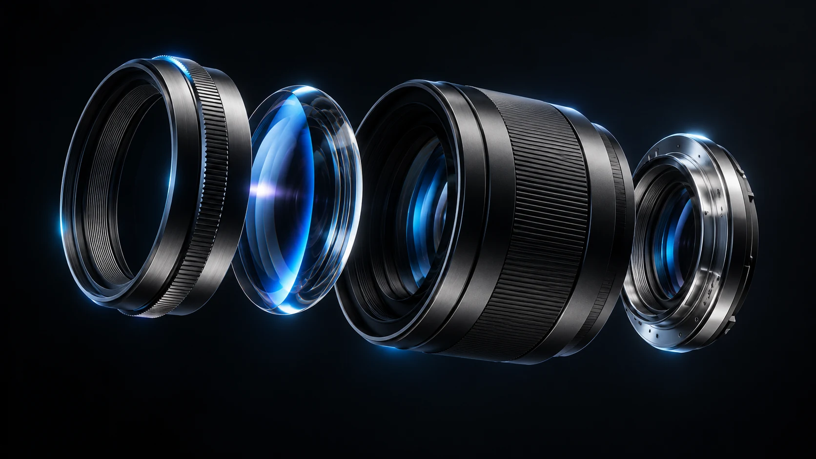 Cinematic camera lens concept with separated optical elements and cool blue rim lighting